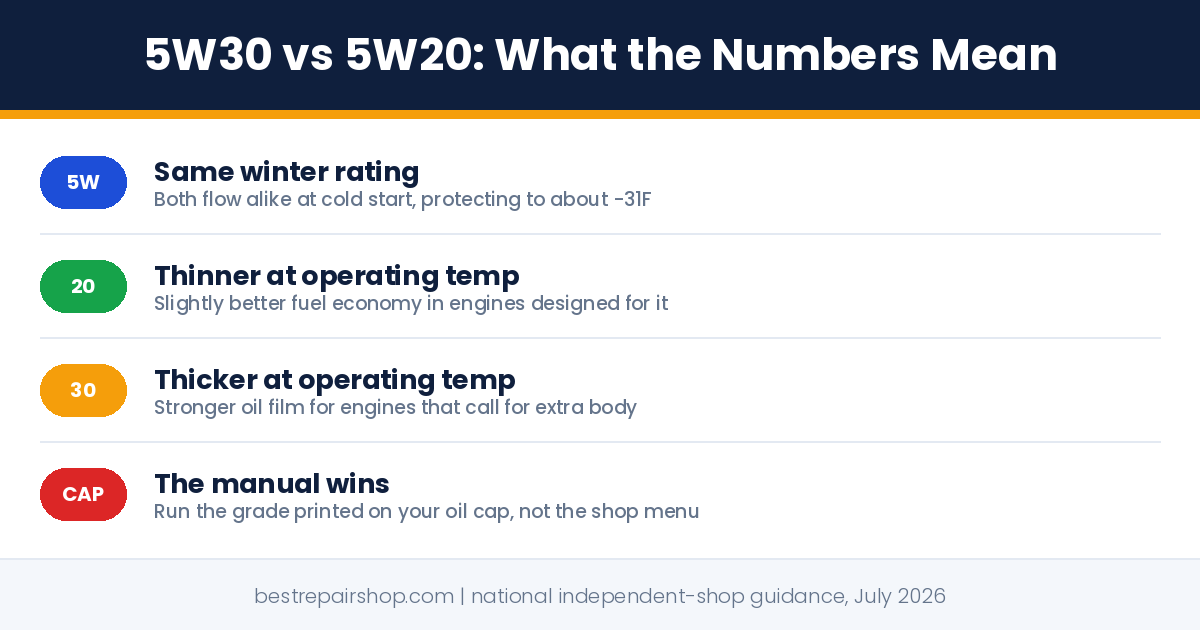 5w30 vs 5w20: diagram of the shared winter rating, the hot viscosity difference, and the manual wins rule