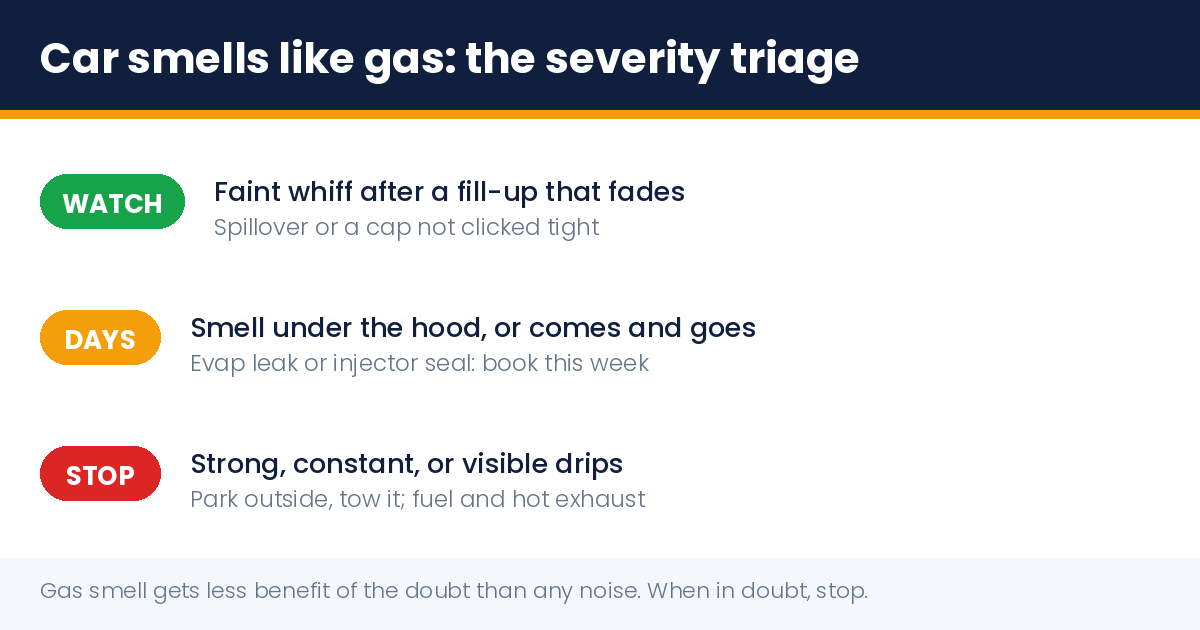 Car smells like gas: severity triage chart