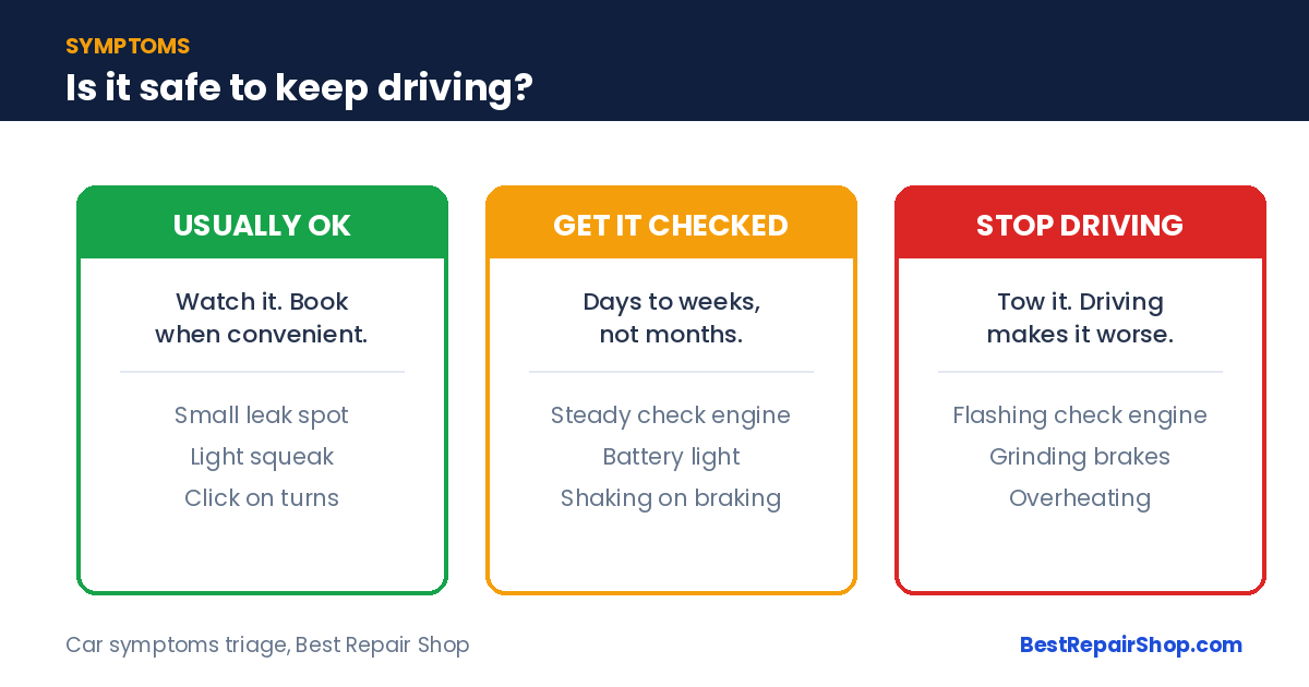 Car symptoms severity chart: usually OK to drive, get it checked, or stop driving