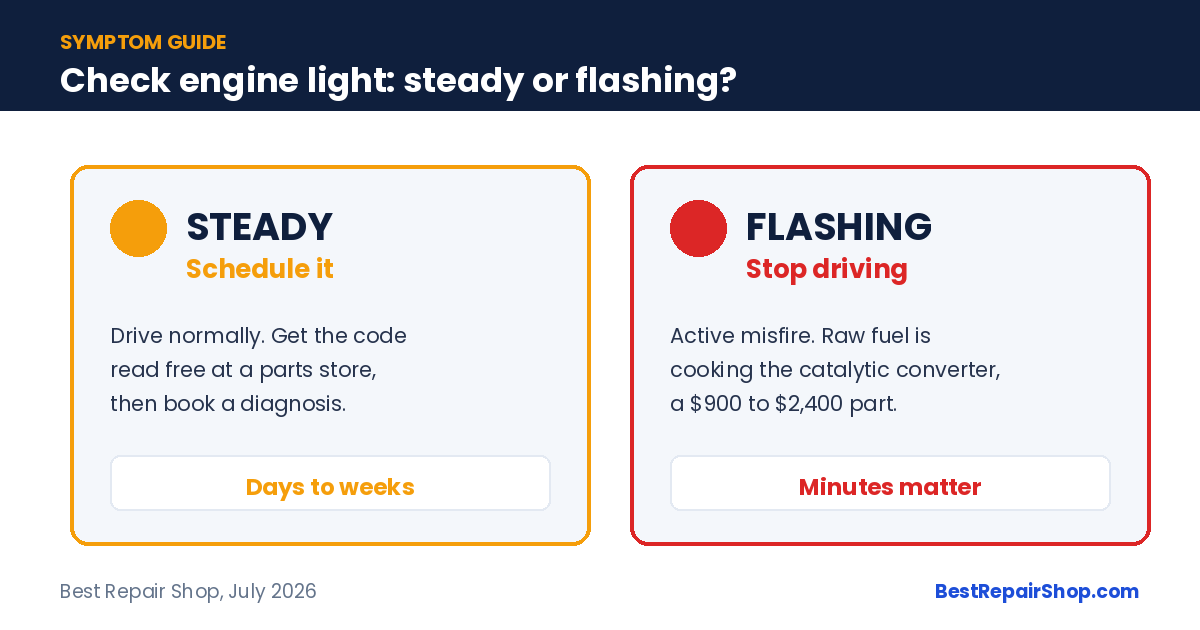 Check engine light comparison: a steady light means schedule it, a flashing light means stop driving
