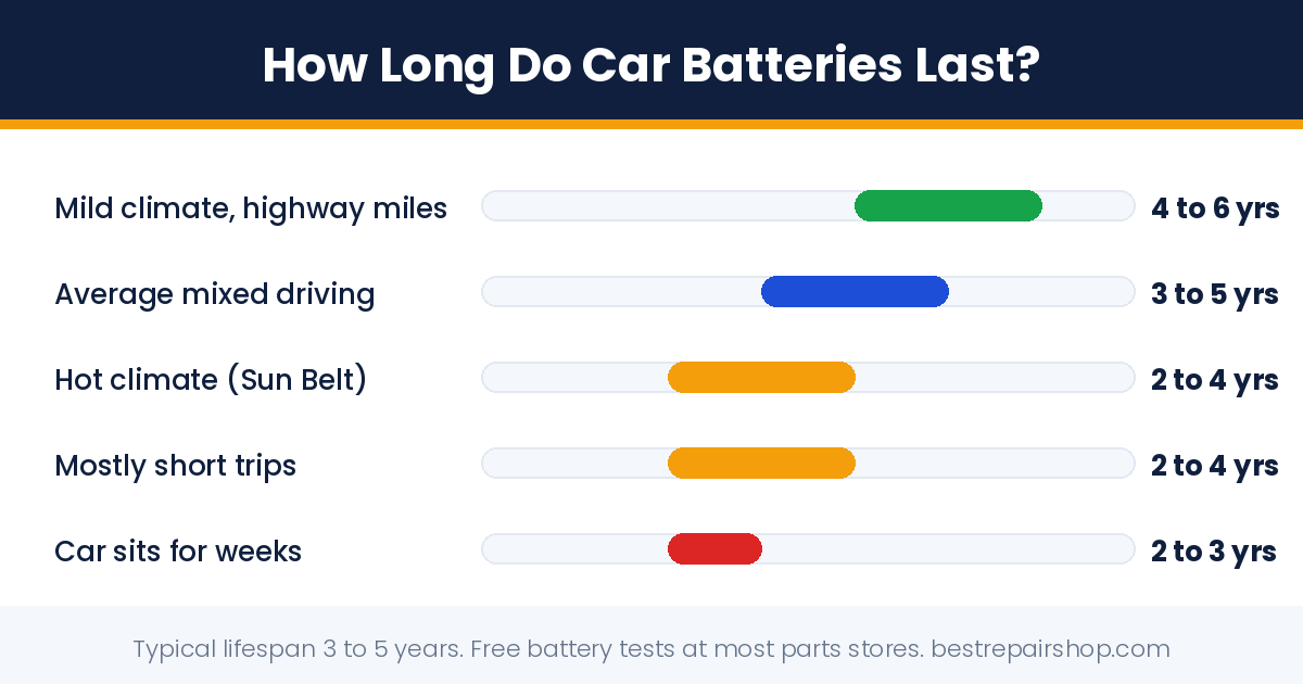 how long do car batteries last: typical battery lifespan by climate and driving pattern, 2 to 6 years
