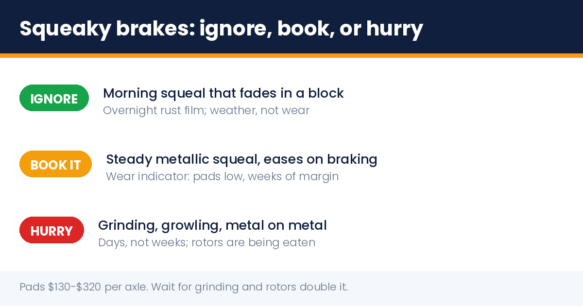 Squeaky brakes severity chart: ignore, book, or hurry