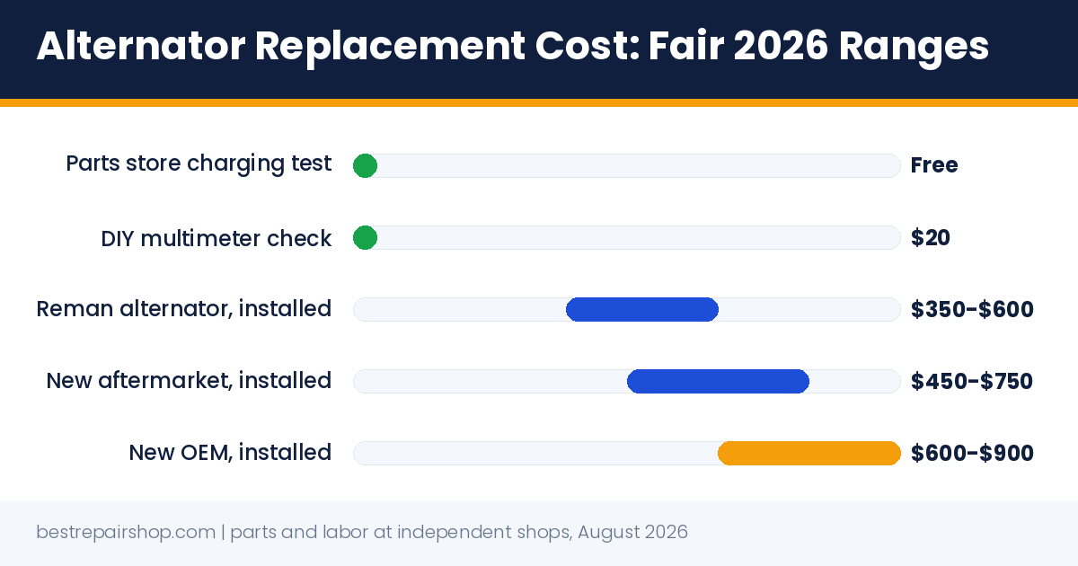 alternator replacement cost: fair 2026 ranges from free test to new OEM installed