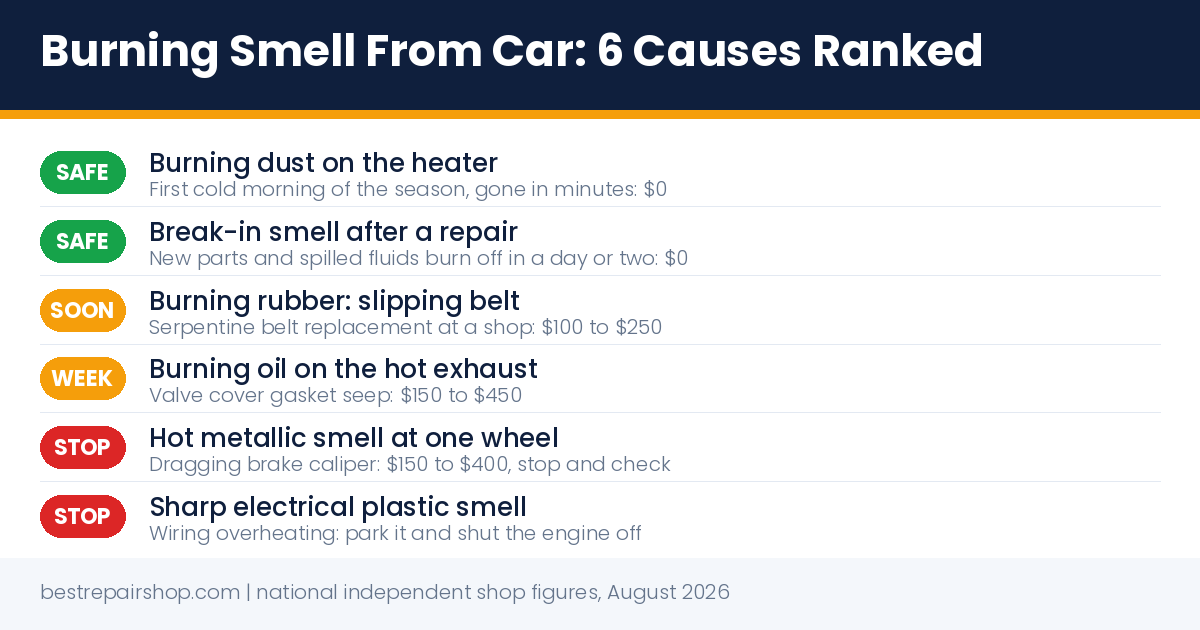 burning smell from car: 6 causes ranked from safe to stop driving now
