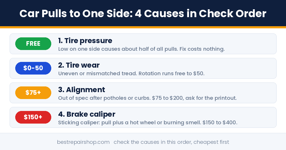 car pulls to one side: 4 causes in check order from free tire pressure fix to brake caliper repair
