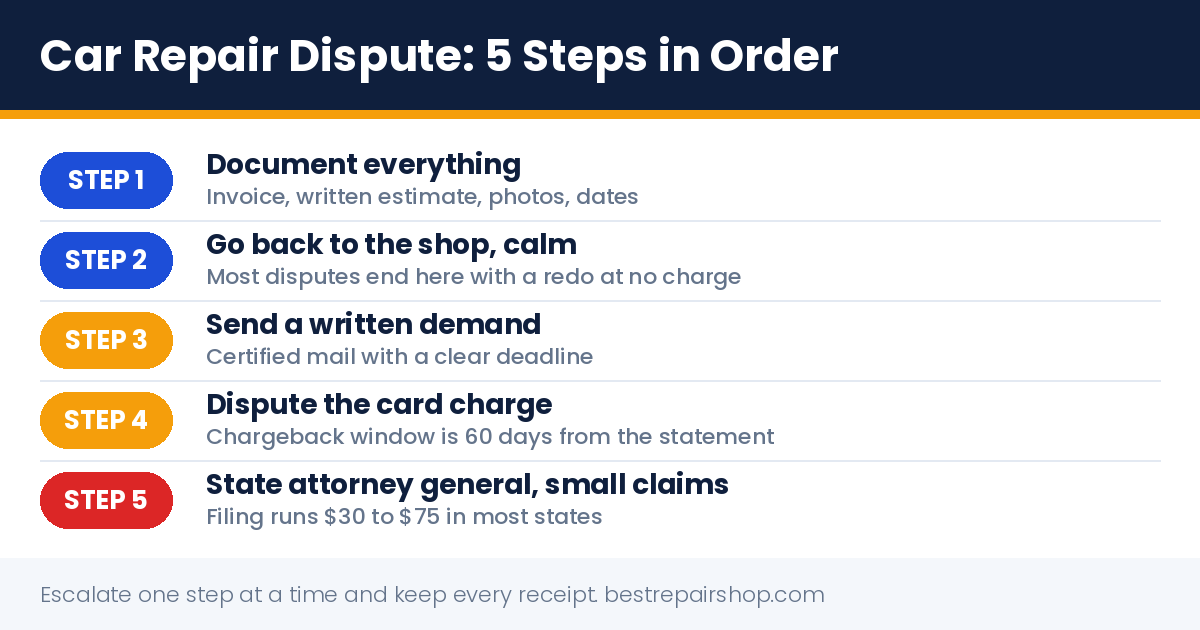 car repair dispute: the 5 steps in order from documentation to small claims court