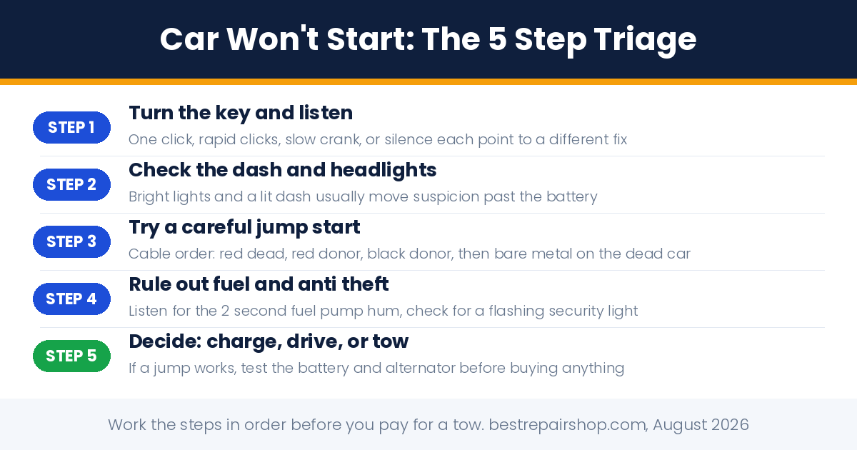 car won't start: the 5 step triage from listening to the key to deciding on charge, drive, or tow