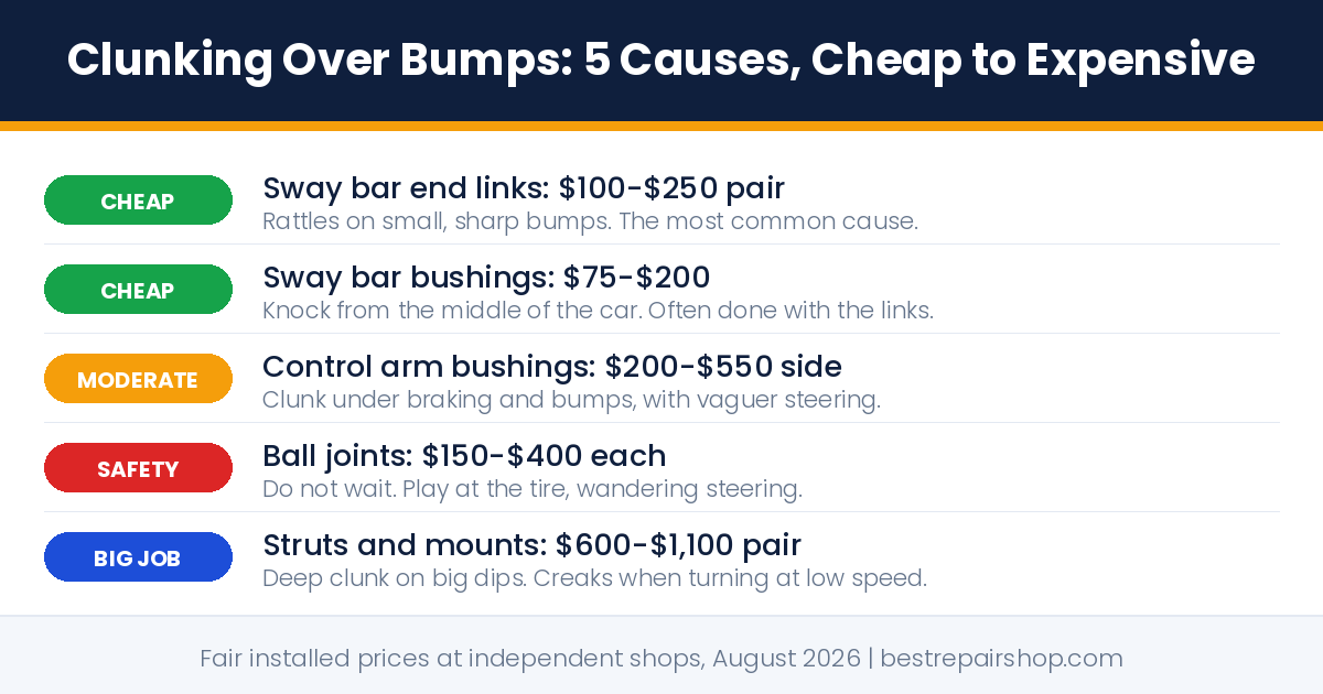 clunking noise over bumps: 5 suspension causes ranked from cheap sway bar links to struts with fair 2026 costs
