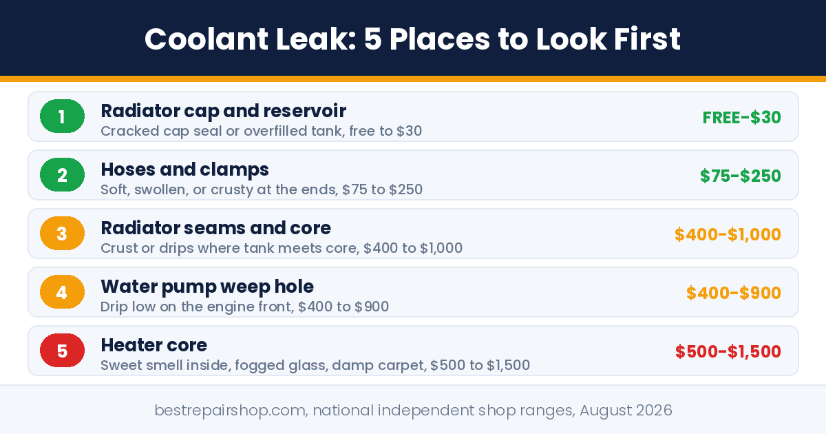 coolant leak: the 5 most common leak points ranked from cheapest fix to most serious