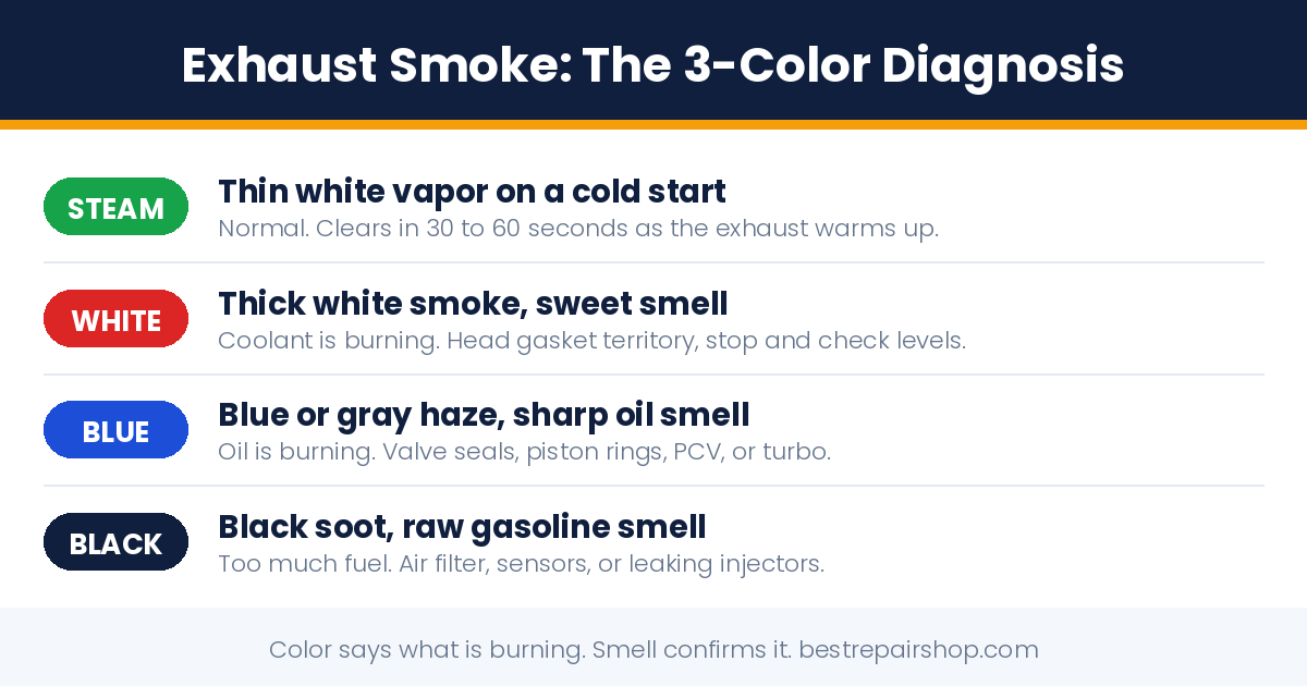 exhaust smoke color meaning: white, blue, and black smoke causes ranked by severity