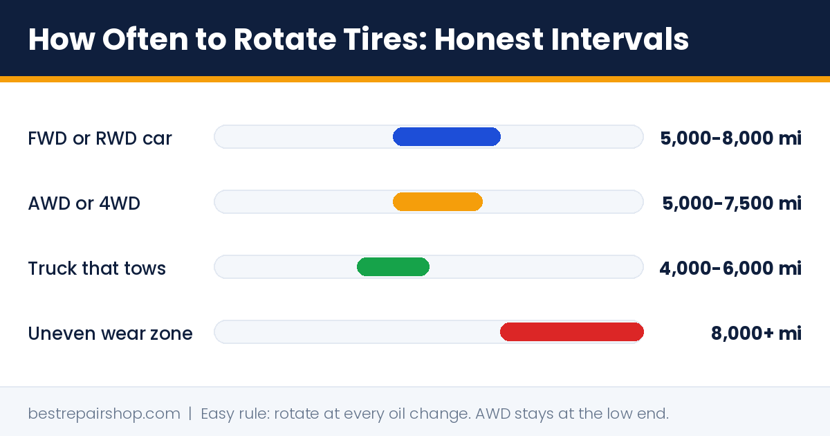 how often to rotate tires: honest interval chart, 5,000 to 8,000 miles by drivetrain