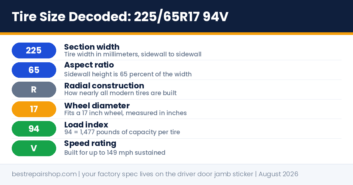 how to read tire size: what each part of 225/65R17 94V means