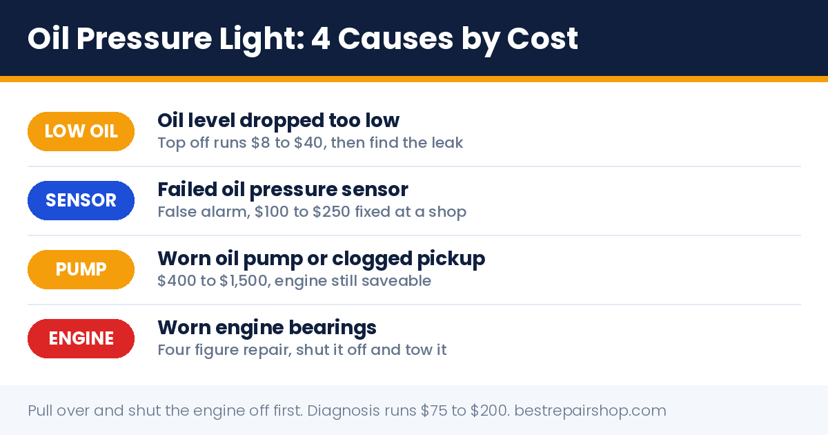 oil pressure light: 4 causes ranked by cost from low oil to worn engine bearings