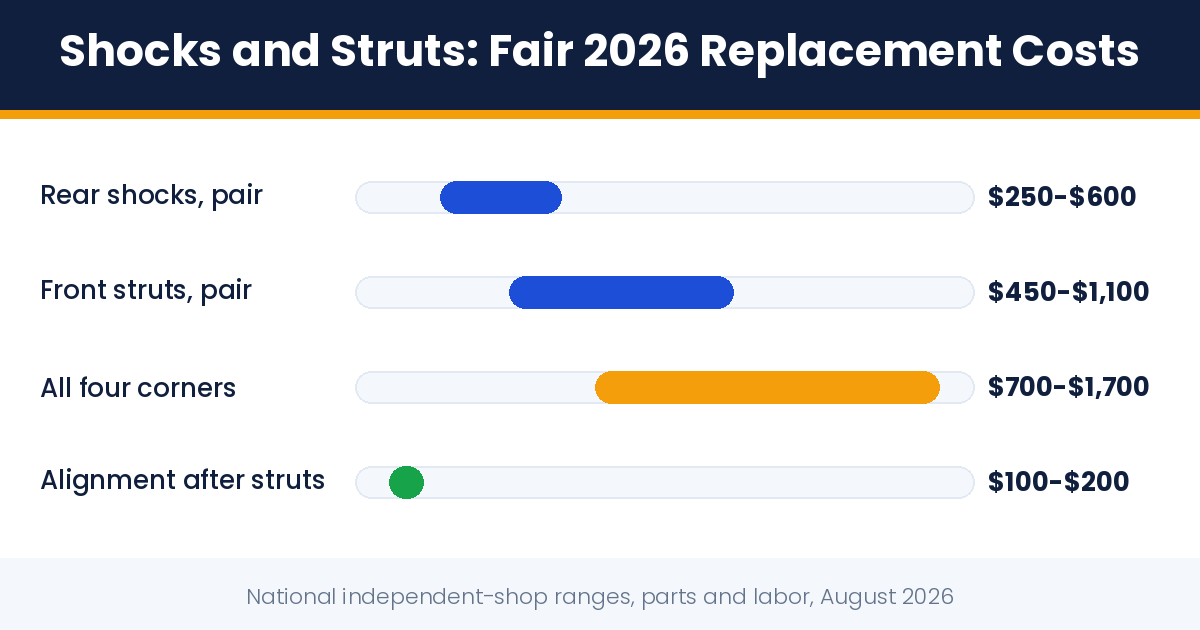 shocks and struts replacement cost: fair 2026 price ranges per pair and all four corners