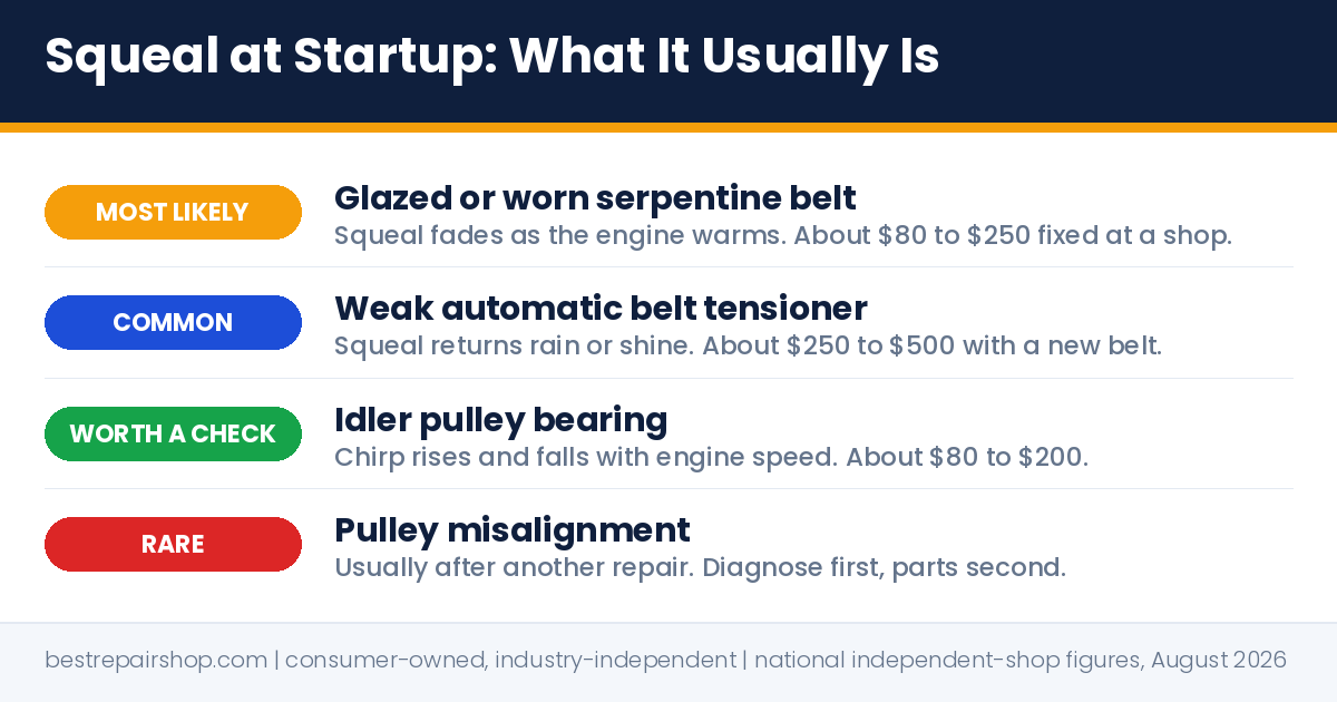 squealing noise when starting car: 4 causes ranked from most likely to rare with fair costs