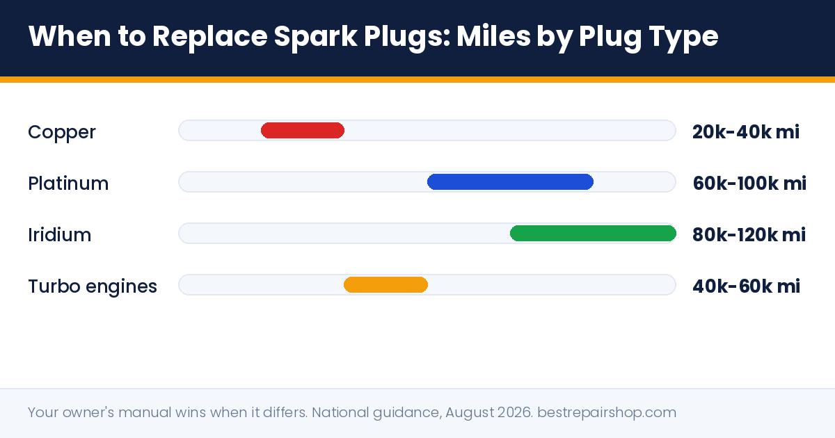 when to replace spark plugs: replacement interval ranges by plug type from copper to iridium